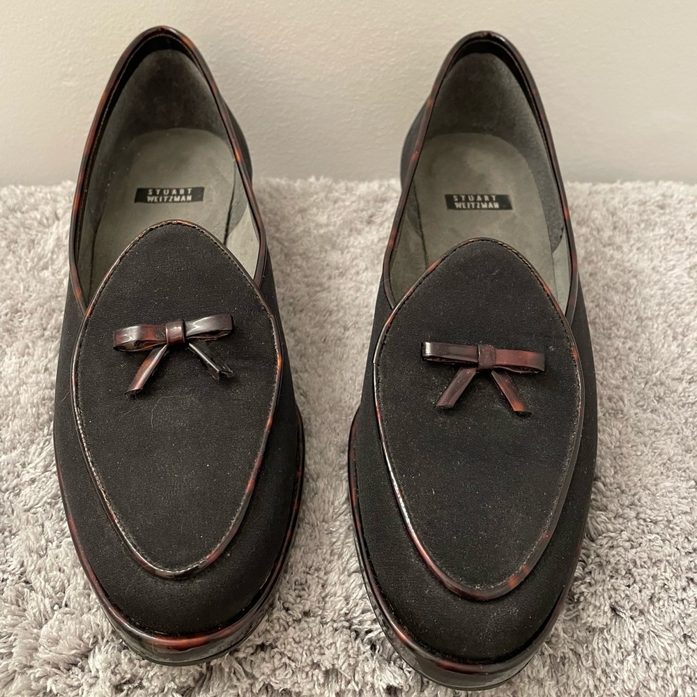 Stuart Weitzman Black Loafers with Tortoise Shell Print Trim  Size 7 - EUC